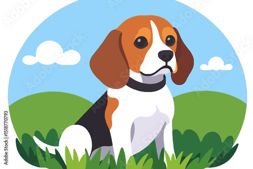 Cute Beagle Dog Vector Illustration-Happy Puppy Sitting in Grass-Friendly Pet Cartoon Image-Playful Canine Design-Ideal for Dog Lovers and Pet Blogs