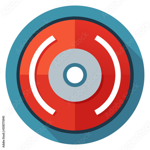 a vibrant flat icon of a red and gray circular target or disc with white curved markers, set within a blue circle. It symbolizes focus, aim, precision, data storage, and optical media.