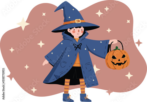 Child Wearing Witch Costume Holding Jack O Lantern Pumpkin for Halloween Celebration Vector Illustration 