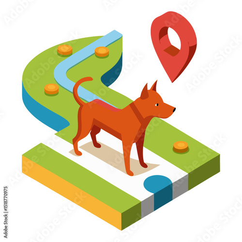 An isometric illustration shows a dog on a path with a large red location pin, symbolizing pet tracking or location-based services.