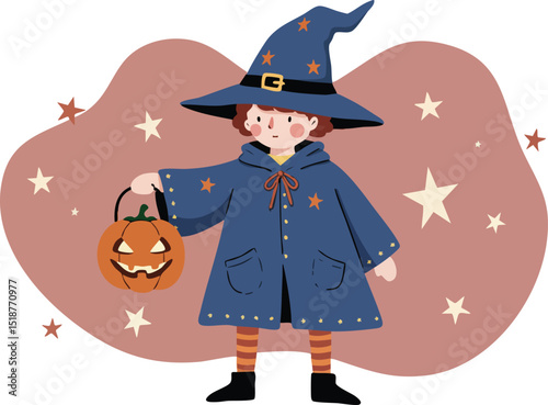 Child dressed as wizard holding jack-o-lantern pumpkin for Halloween celebration vector illustration 