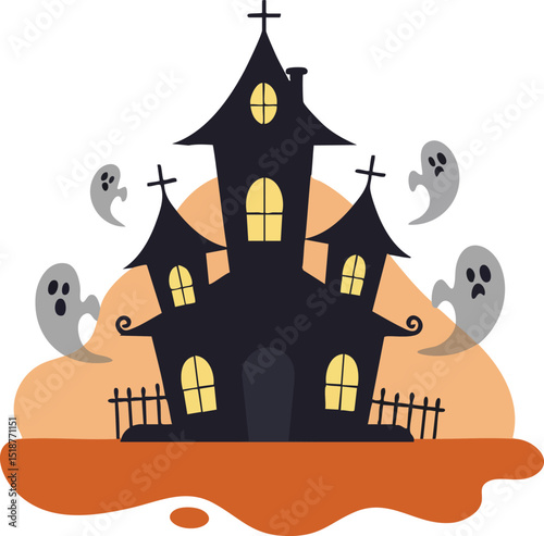 Haunted house with ghosts and glowing windows in spooky Halloween scene vector illustration 