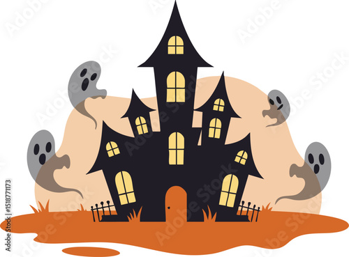 Haunted house with ghosts and eerie orange ground spooky Halloween theme vector illustration 