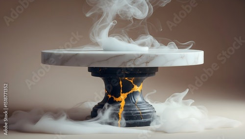 Mystical Marble Pedestal with Incense-Like Smoke and Fiery Cracks