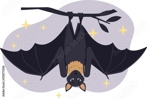 Bat hanging upside down with sparkling stars and purple background vector illustration 