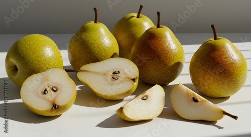 Fresh pears still life photography, ripe anjou pears, sliced pears, healthy eating, fruit closeup photo