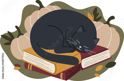 Sleeping black cat curled up on stack of books with pumpkins autumn theme vector illustration 