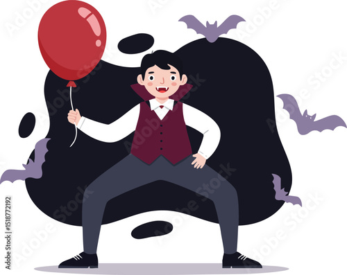 Vampire Boy Holding Red Balloon with Bats Flying in Halloween Night Vector Illustration 