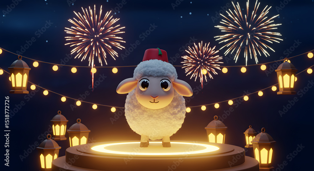 Fototapeta premium Sheep with Hat on Podium with Lanterns and Fireworks