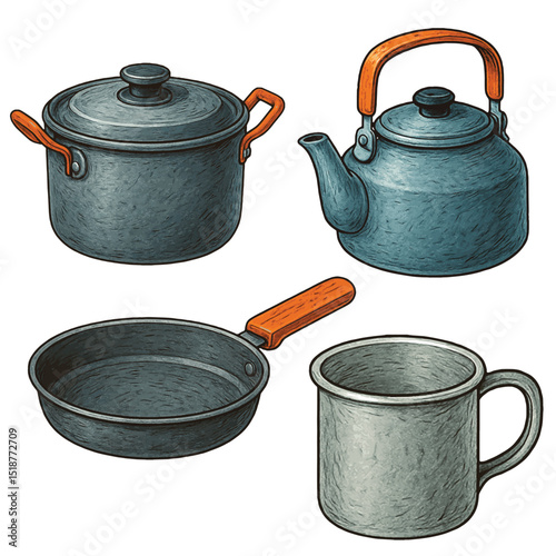 Camping Cookware Set Vector – Pot, Pan, Kettle, and Mug Isolated