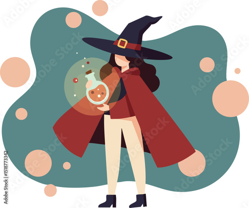 Witch magician character with hat and magic orb casting spell in fantasy style vector illustration 