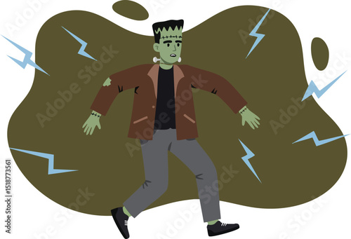 Frankenstein monster character walking with electric bolts in background vector illustration 