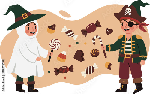 Children in Halloween costumes as ghost and pirate celebrating with candies and sweets vector illustration 