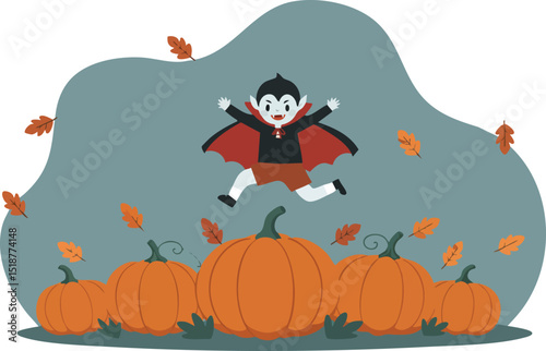 Cartoon vampire character jumping over orange pumpkins with autumn leaves falling in Halloween scene vector illustration 