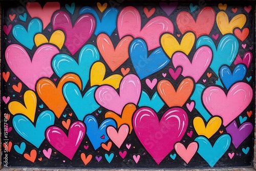 wall covered in lots of colorful graffiti with hearts