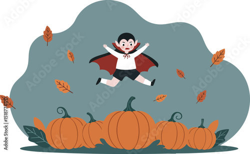 Cartoon vampire boy jumping joyfully over autumn pumpkins with falling leaves seasonal vector illustration 