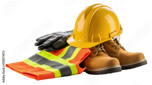 Work safety clothing including high visibility vest, leather gloves, boots and yellow hard hat are arranged on a transparent background, emphasizing workplace safety and protection photo