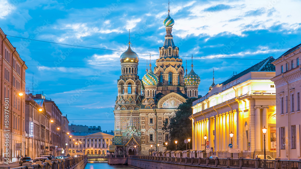 Fototapeta premium Church of the Savior on Spilled Blood night to day timelapse hyperlapse.