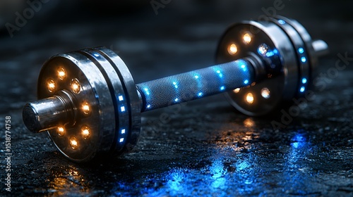 Futuristic dumbbell on dark wet floor