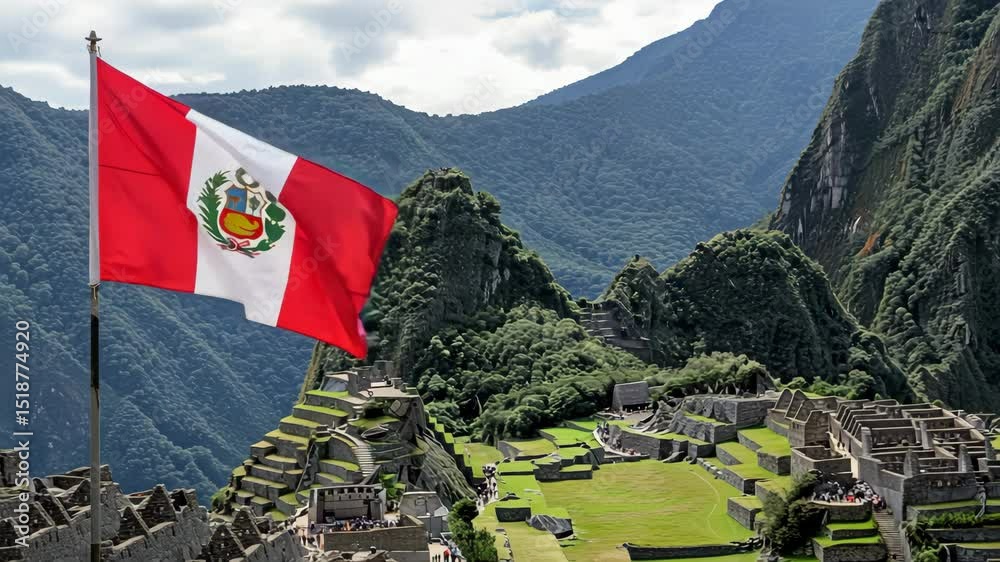 Peruvian flag waving proudly near Machu Picchu ruins. Majestic landscape showcases ancient Inca city with green terraces and impressive mountains. Perfect Peruvian flag image for travel brochures,