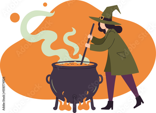 Witch stirring magic potion in large cauldron with orange background vector illustration for Halloween and fantasy theme 