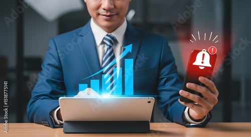 Man Uses Digital Devices with Graphic Overlay