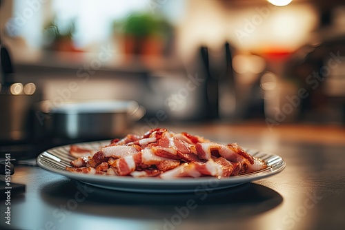 Crispy bacon slices on a plate, home kitchen photo