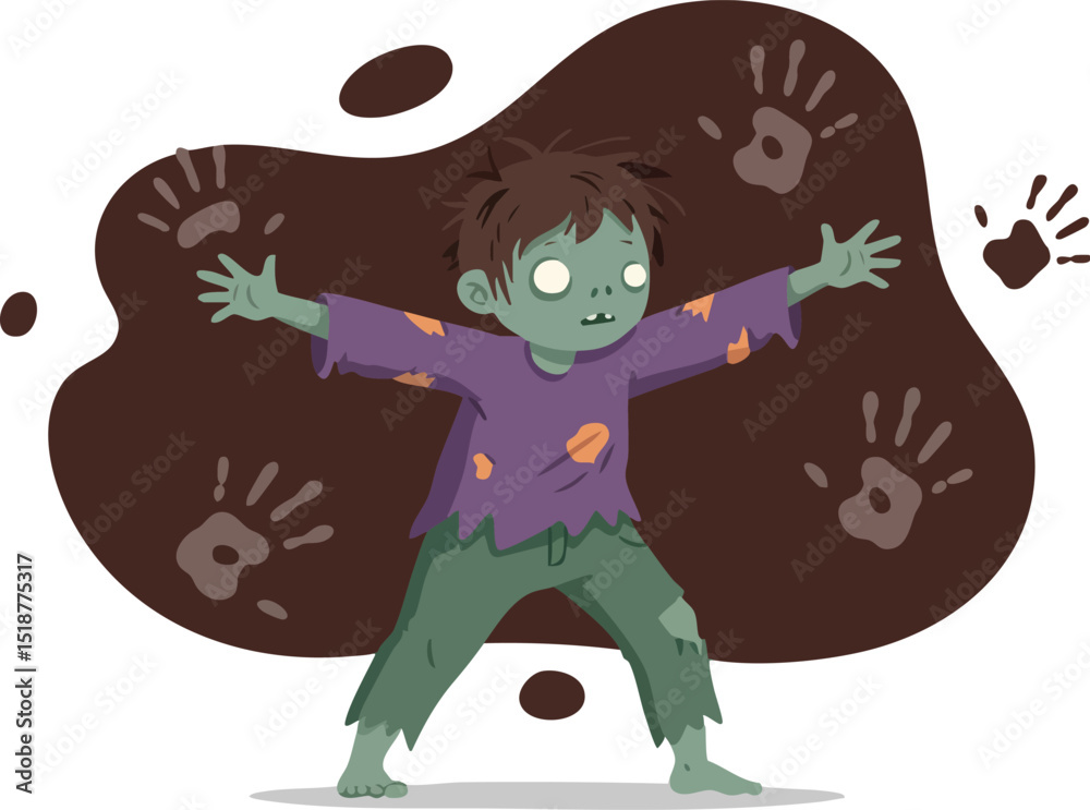 Obraz premium Zombie character with green skin and torn purple shirt standing with arms outstretched in front of brown handprint background vector illustration 