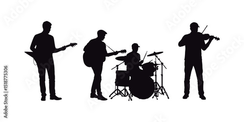 Set of Musical Band Silhouettes with Guitar, Drums, and Violin.
