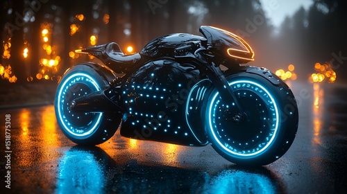 Futuristic motorcycle on rain-slicked forest road