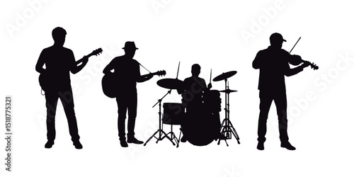 Set of Musical Band Silhouettes with Guitar, Drums, and Violin.
