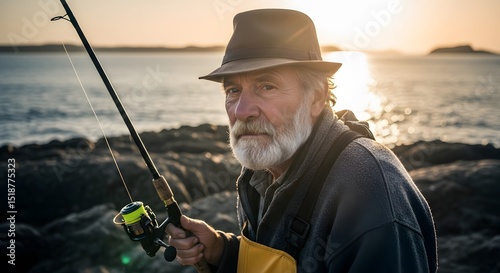 Fisherman Fishing on Rocky Coast at Sunset