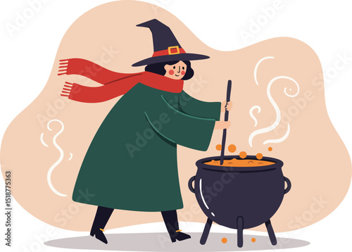 Witch stirring a magical potion in cauldron with orange steam in a cozy autumn setting vector illustration 