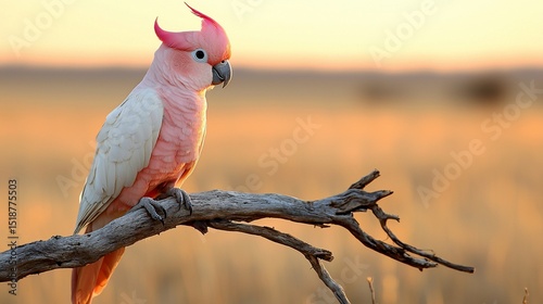 Pink cockatoo perched on branch at sunset