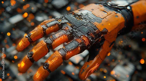 Futuristic Orange Robot Hand Among Circuitry