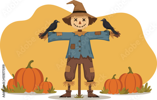 Scarecrow with pumpkins and crows in autumn harvest scene vector illustration 