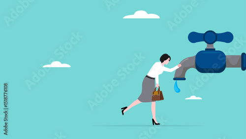 economic recession or crisis with the concept sad businesswoman because financial economy faucet is off, financial inflation concept, stock market plunge or falling down concept vector illustration