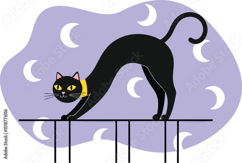 Black cat stretching with crescent moons background in purple night scene vector illustration 