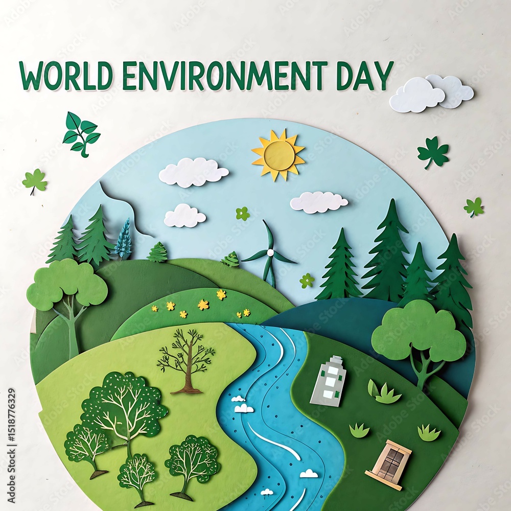 Naklejka premium Modern Environment Day poster featuring a paper cutout-style layered globe with forests, rivers, animals, and clean energy icons, symbolizing sustainability, biodiversity, and eco-conscious living
