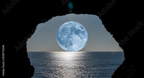 Moon Over Ocean Viewed Through Cave Opening