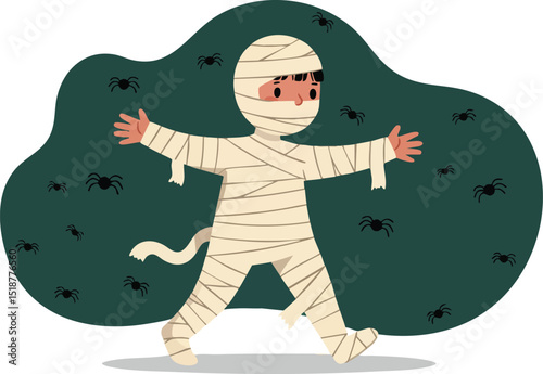 Child dressed as mummy costume walking with spiders around Halloween theme vector illustration 
