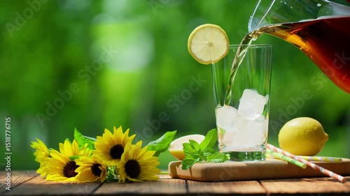 Summer Refreshing Pour of Iced Tea with Lemon