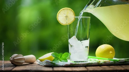 Summer Refreshing lemon drink poured into glass