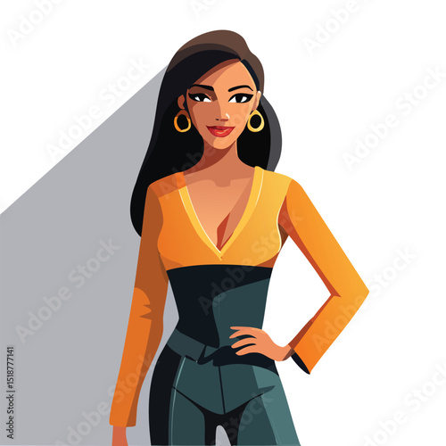 Stylized vector illustration of a fashionable person with long dark hair, wearing large hoop earrings, a yellow long-sleeve V-neck top, and dark green pants. A modern, minimalist representation of sty