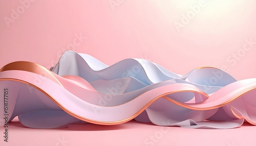 Abstract Pastel Waves with Golden Edges Flowing Smoothly on Light Pink Background