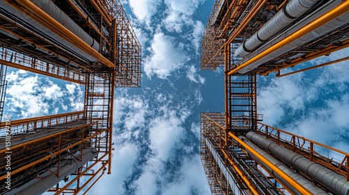 symmetrical cement plant exterior, precision-crafted scaffolding mirrored on both sides, dull grey tones matching factory walls, dramatic cloudscape in background