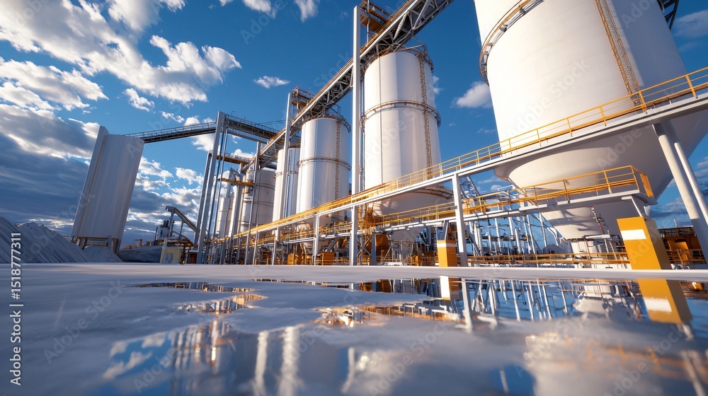 Obraz premium cement processing plant near dry hills, mirrored silos connected by high bridge ducts, wide open cement yard, minimal vegetation, precise industrial planning