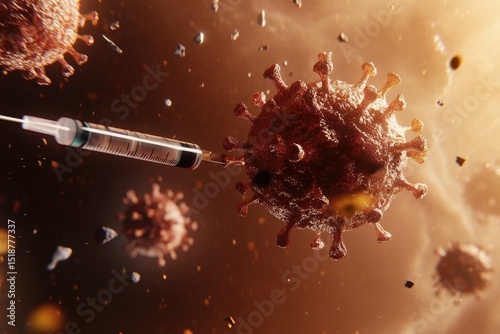 A syringe injects a virus cell.  Microscopic, close up view of a virus, with an injection in progress