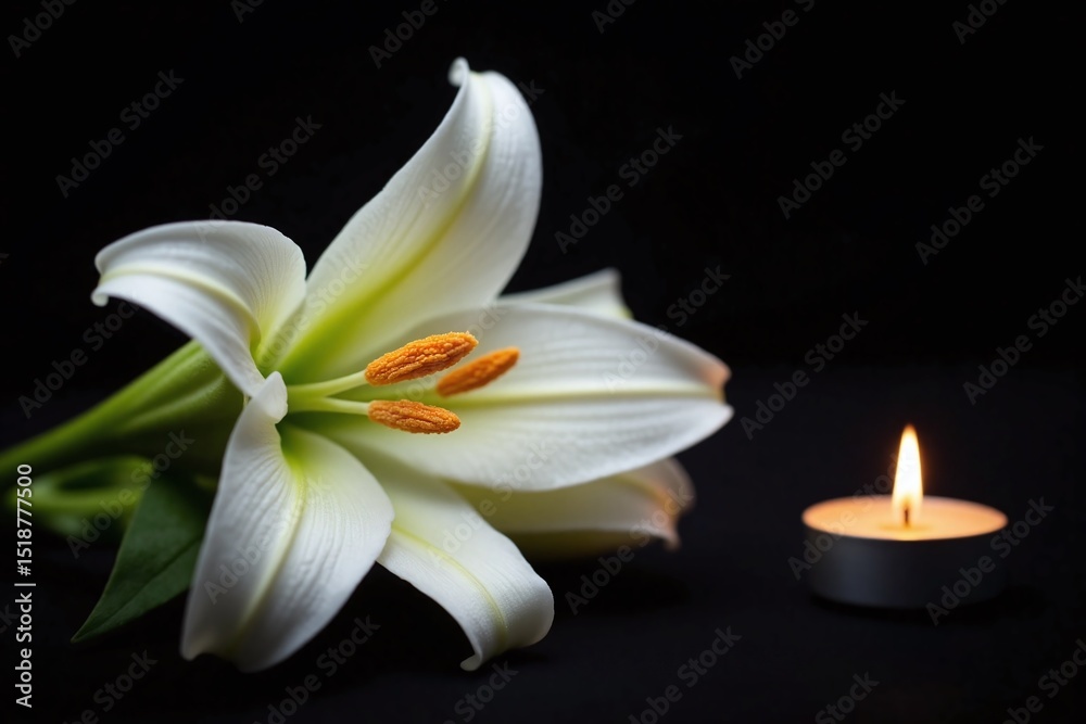 Fototapeta premium white lily next to a lit candle on a table
