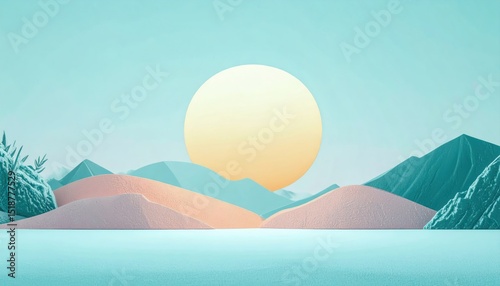 Boho Sunrise Abstract with Snowy Mountains and Soft Gradients in Pastel Hues Geometric Design for Tranquil Minimalist Landscape Illustration Pixel Art